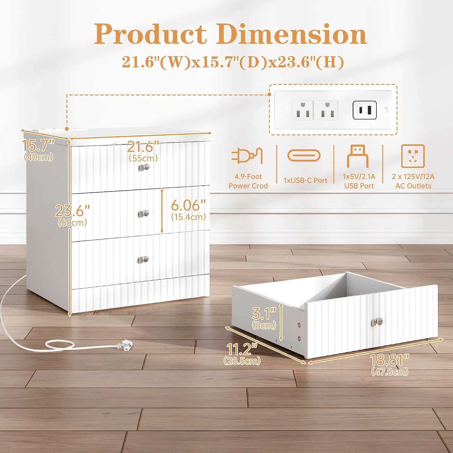 AWQM White Nightstand Set of 2, Night Stand with Charger Station and 3 Drawers, Modern End Table for Bedroom, Modern Nightstands with Storage, Suitable for Bedrooms, White