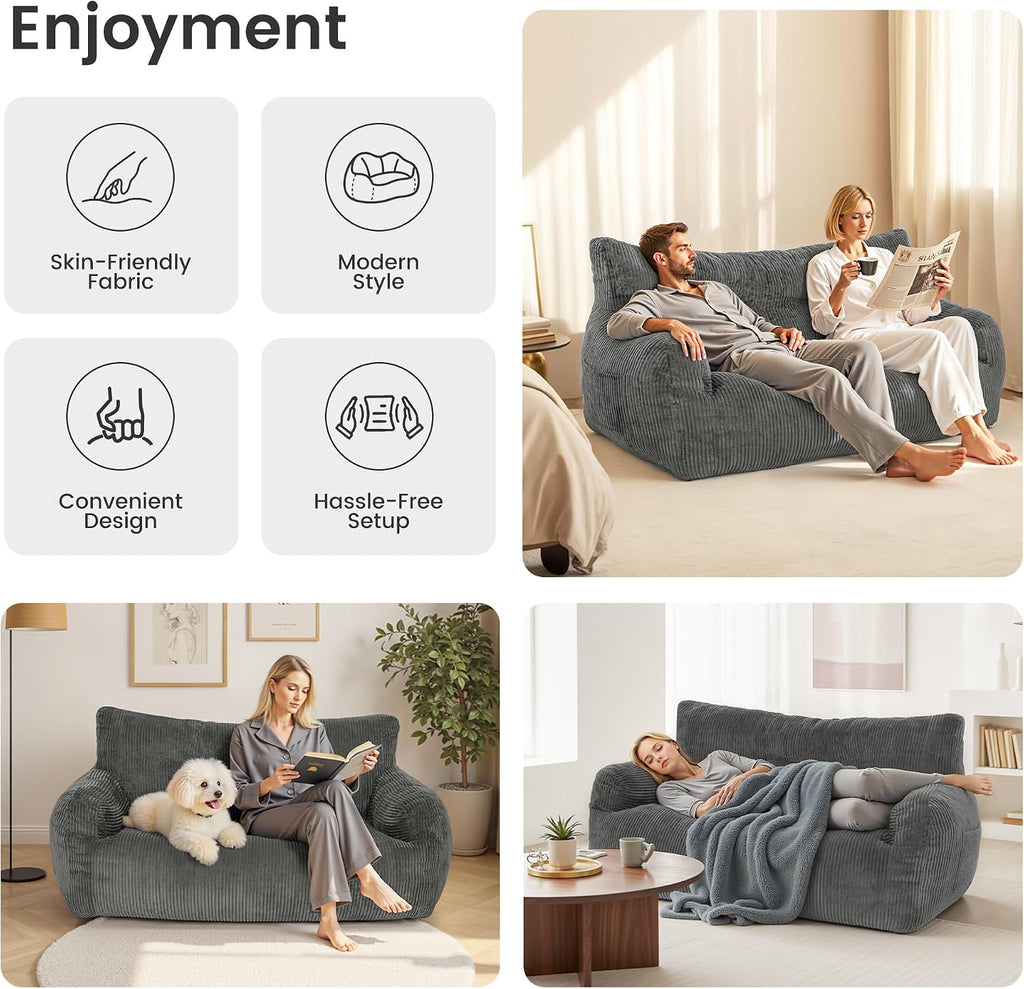 Pamapic 59 Inch 2-Seater Corduroy Bean Bag Chair,Loveseat Sofa with Ultra Soft Fluffy Cover, 72H High Resilience Foam Sofa Bed for Adults, Suitable for Living Room, Bedroom,Grey