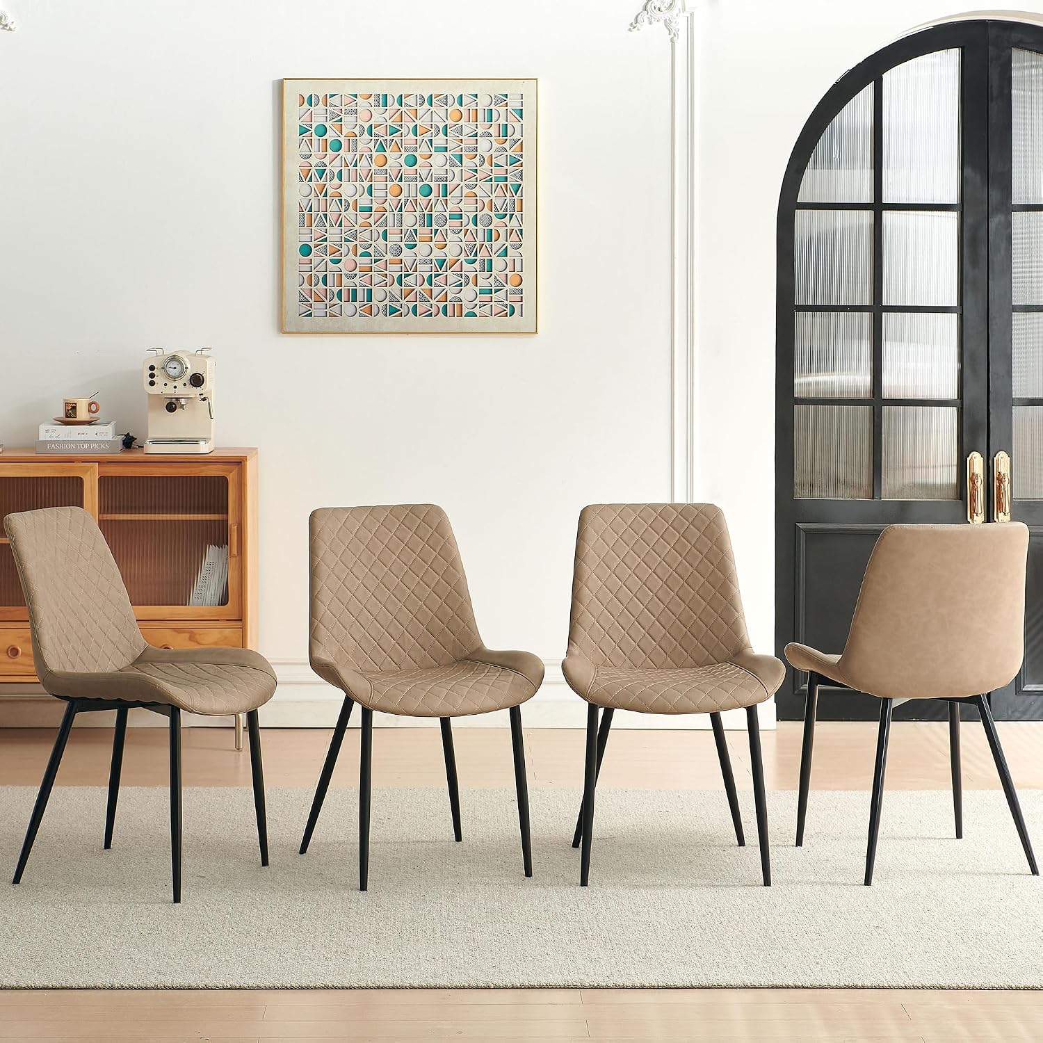 Dining Chairs Set of 4, Modern Upholstered Faux Leather Dining Room Chairs with Diamond Quilted Cushion, Sturdy Metal Legs, Easy Assembly (4 Chairs, Beige)