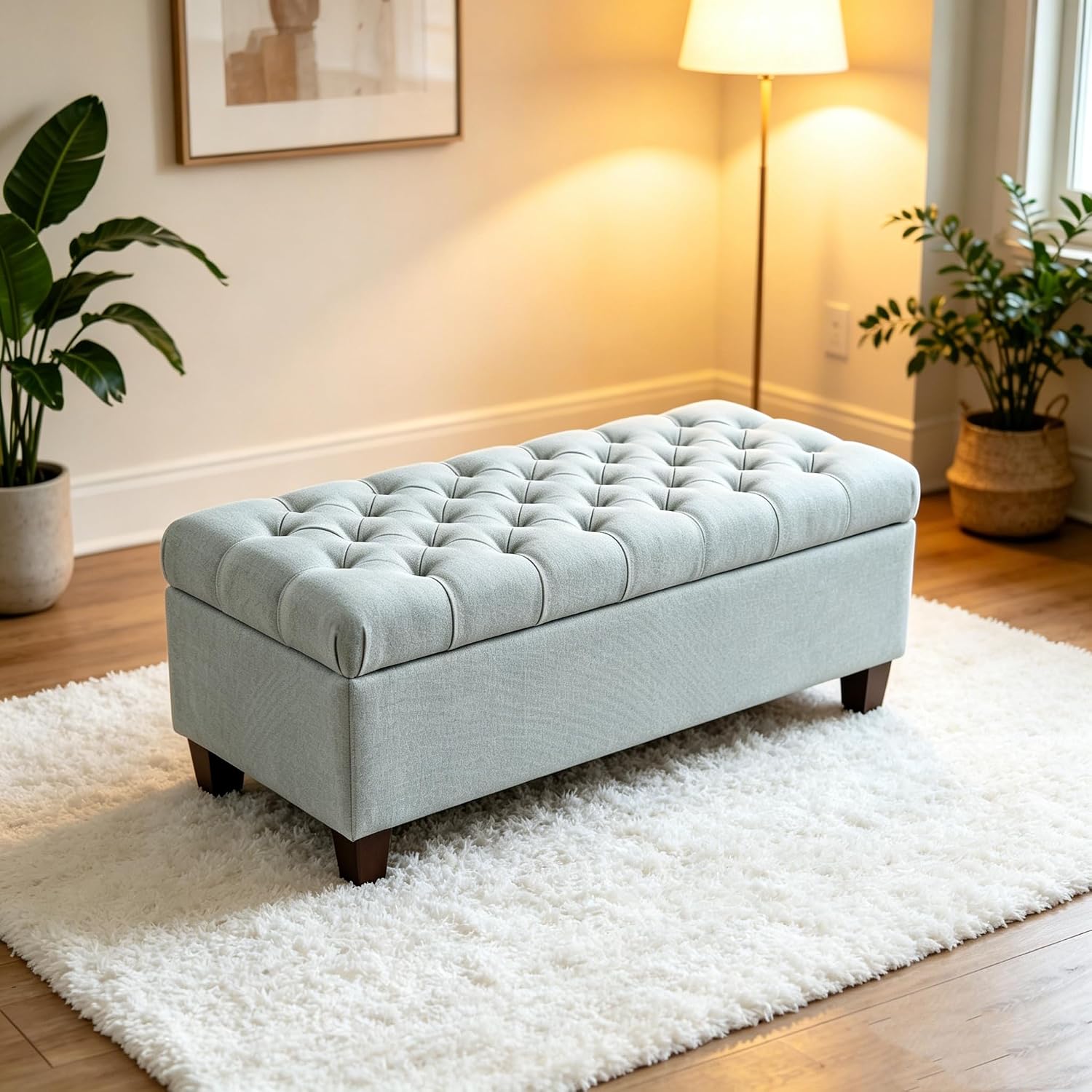 50.25" Storage Ottoman Bench with Safety Hinges for Kids Room: Slow-Close Lid Prevents Pinched Fingers - Baby Blue Footrest Stool for Bedroom, Living Room, Entryway, Hallway - Holds 8x Slower