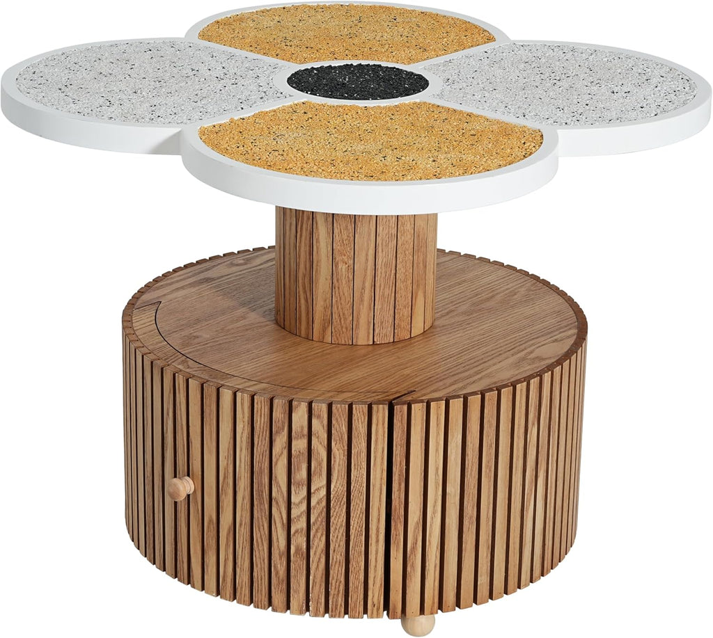 Christopher Knight Home Maven Four-Leaf Clover Side Table with Drawer, Modern Sofa End Table for Living Room, Wooden Accent Table with Pedestal Base, Natural+Yellow+White