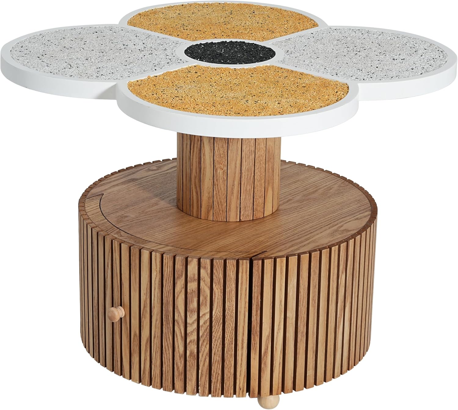 Christopher Knight Home Maven Four-Leaf Clover Side Table with Drawer, Modern Sofa End Table for Living Room, Wooden Accent Table with Pedestal Base, Natural+Yellow+White