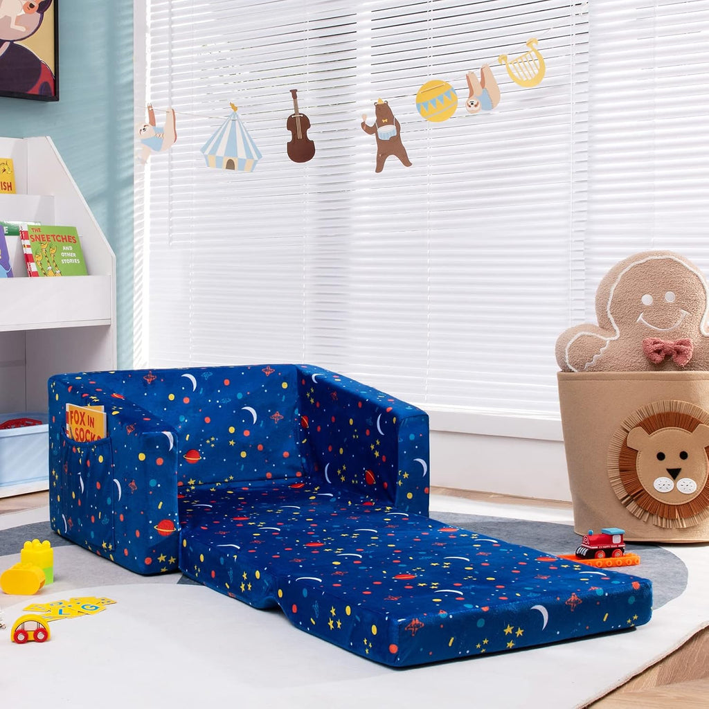 Costzon Kids Couch, 2 in 1 Flip Open Children's Sofa w/Velvet Fabric, Storage Pockets, Toddler Armrest Chair Bed for Nap Play Sleep, Ideal Gift for 0-4 Years Old Baby Boys Girls, Blue Space