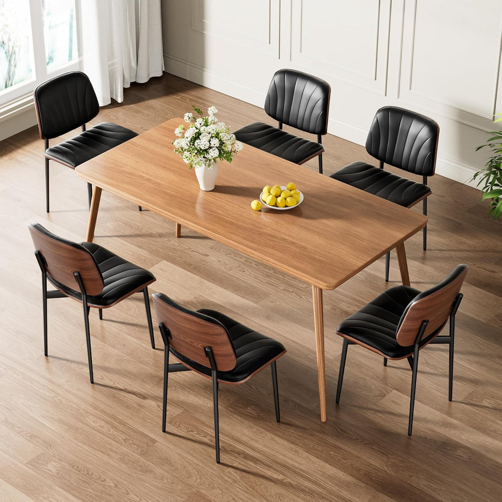 REONEY Dining Chairs Set of 2, Mid-Century Modern Upholstered PU Leather Chairs with Walnut Bentwood Back and Metal Legs Adjustable Feet for Kitchen, Black Shell Strips