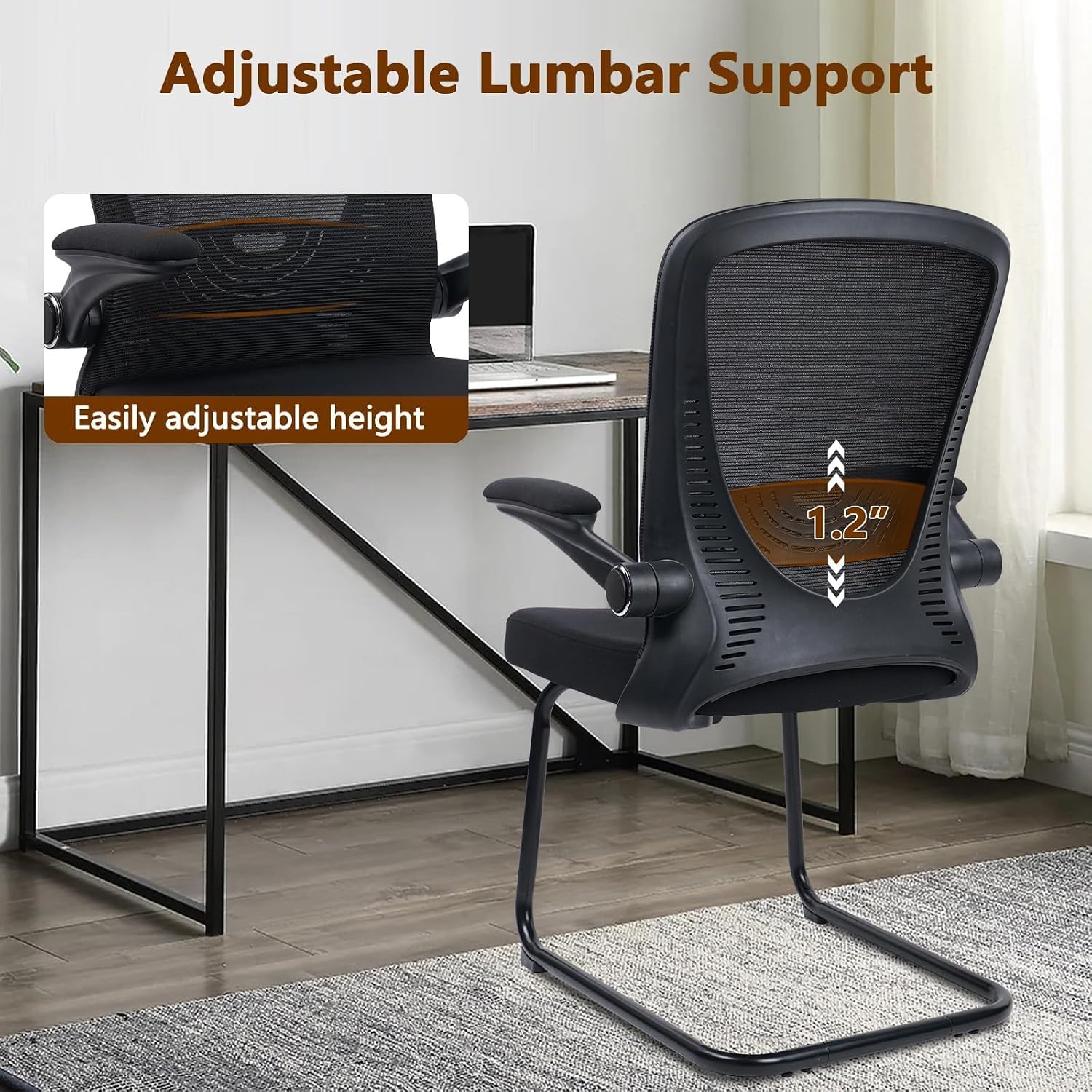 CLATINA Office Guest Chair no Wheels with Lumbar Support and Flip-up Armrest Mid Back Mesh Space Air Grid Series Sled Base for Reception Conference Room Black Set of 8