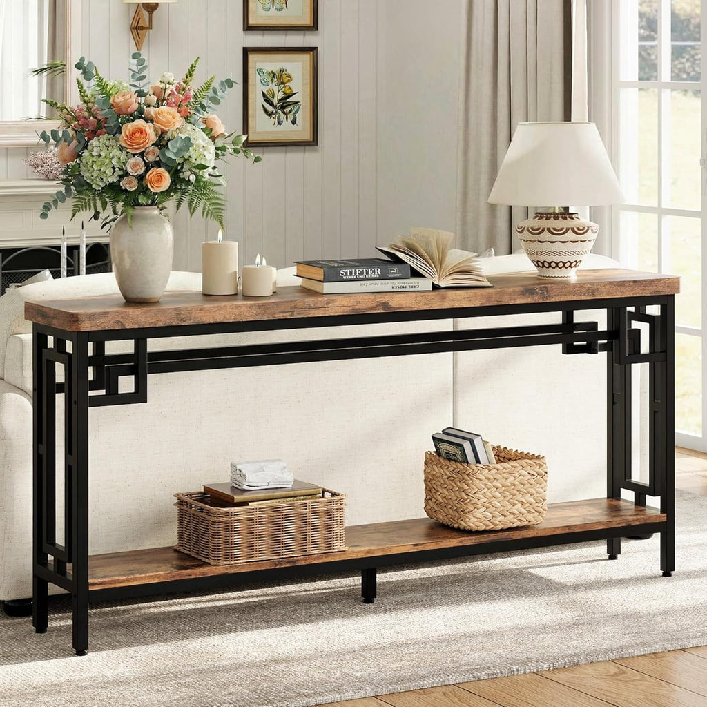 IRONCK 70.9" Long Console Table, 2-Tier Long Narrow Console Table Behind Couch for Display with Central Support Frame, Industrial Long Entryway Table for Entryway and Living Room