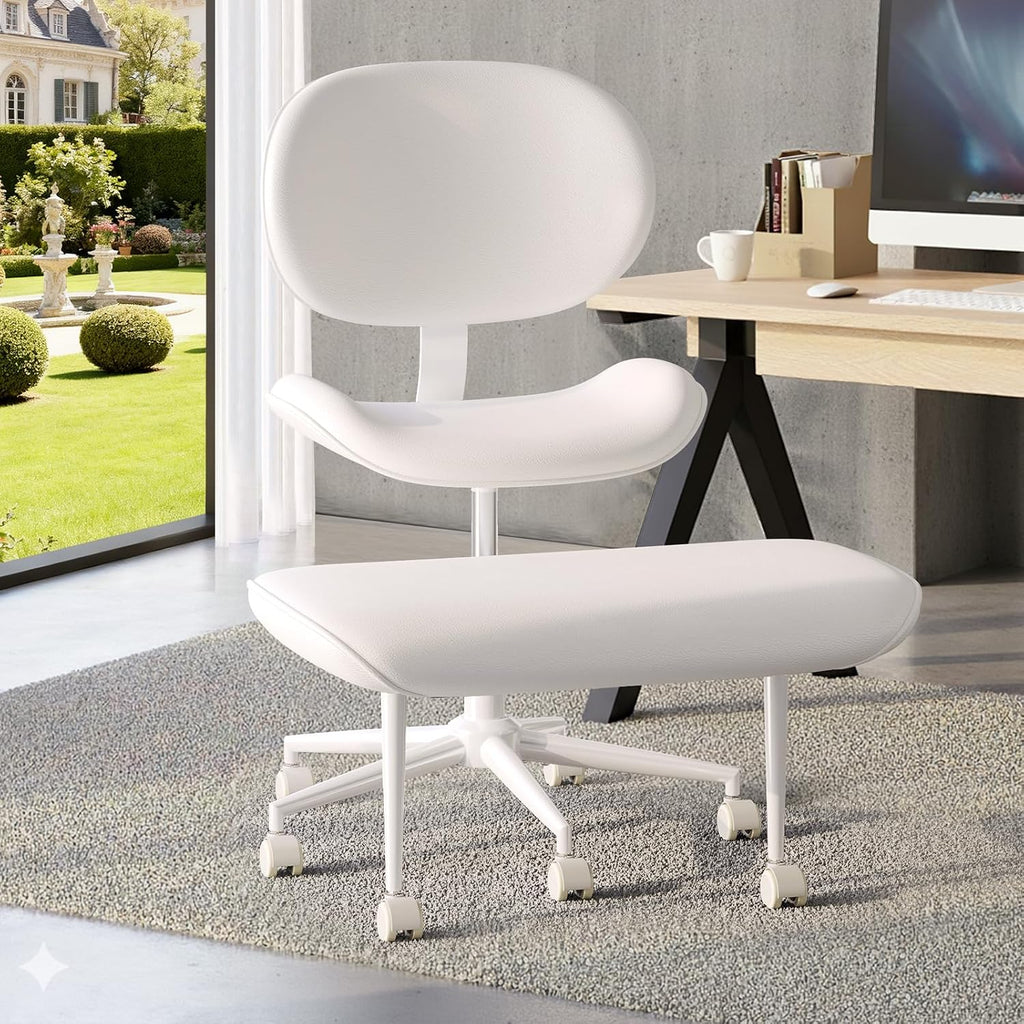 Cross Legged Office Chair with Wheels for ADHD, Ergonomic 360° Swivel Height-Adjustable Meditation Chair for Yoga, Wide Kneeling Chair with Strong Lumbar Support, PU Leather, Off White