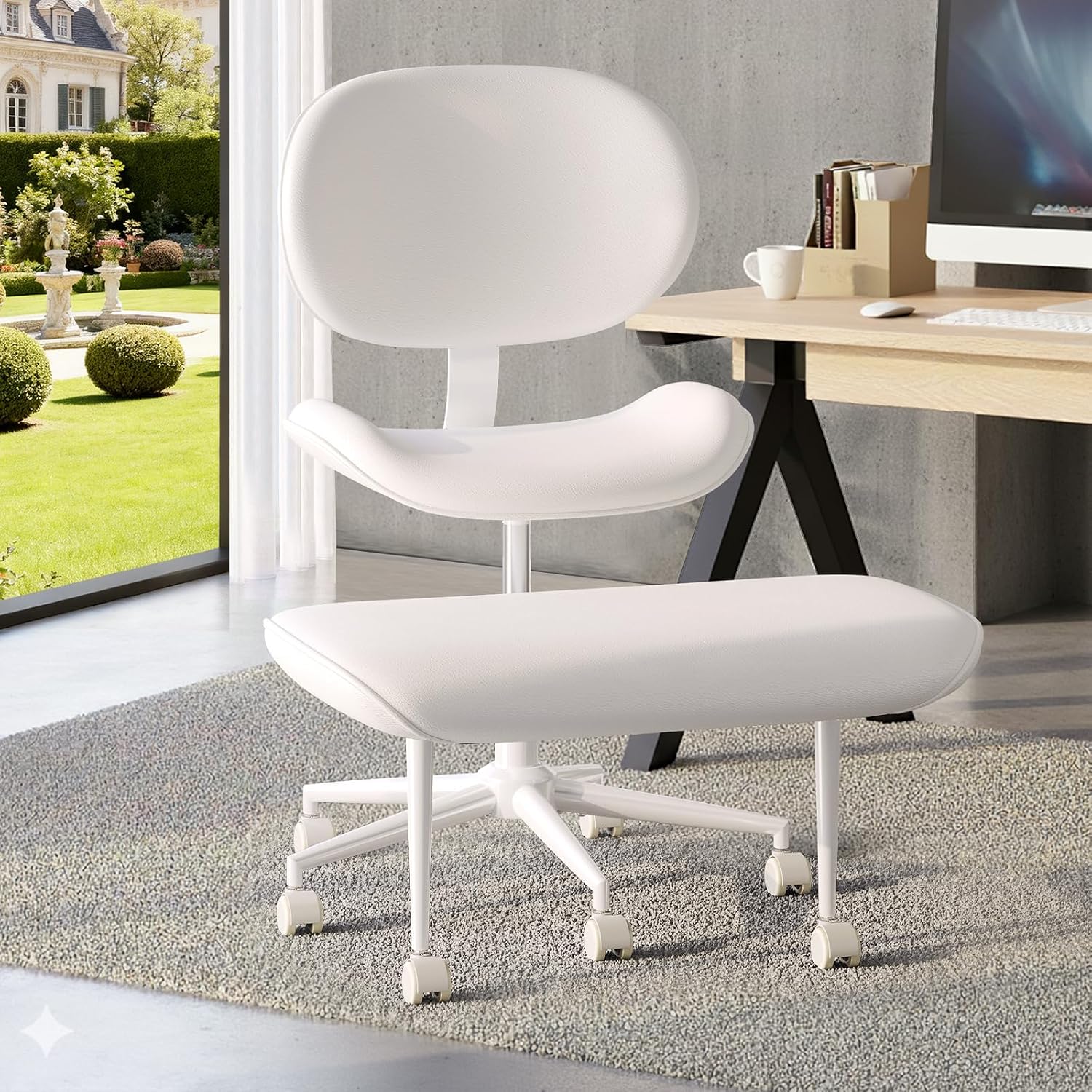 Cross Legged Office Chair with Wheels for ADHD, Ergonomic 360° Swivel Height-Adjustable Meditation Chair for Yoga, Wide Kneeling Chair with Strong Lumbar Support, PU Leather, Off White