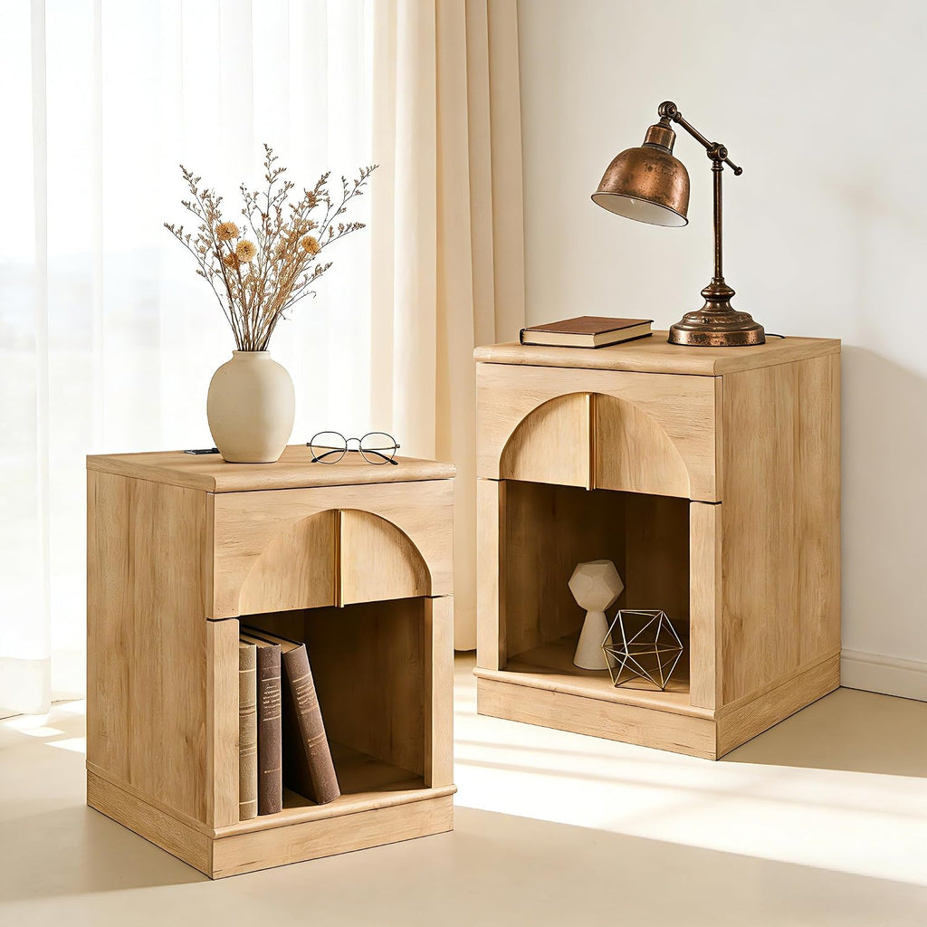 ACCOHOHO 18" Nightstand Set of 2 with Arched Panel,Natural Oak | Bedside Table & Side End Table with Charging Station, Drawer Storage, and Open Shelf for Bedroom & Living Room