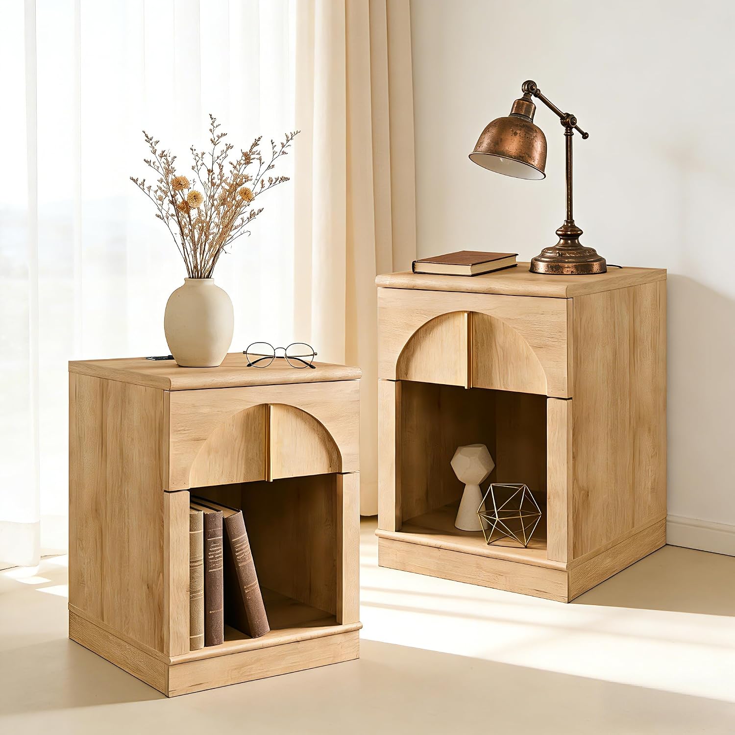 ACCOHOHO 18" Nightstand Set of 2 with Arched Panel,Natural Oak | Bedside Table & Side End Table with Charging Station, Drawer Storage, and Open Shelf for Bedroom & Living Room