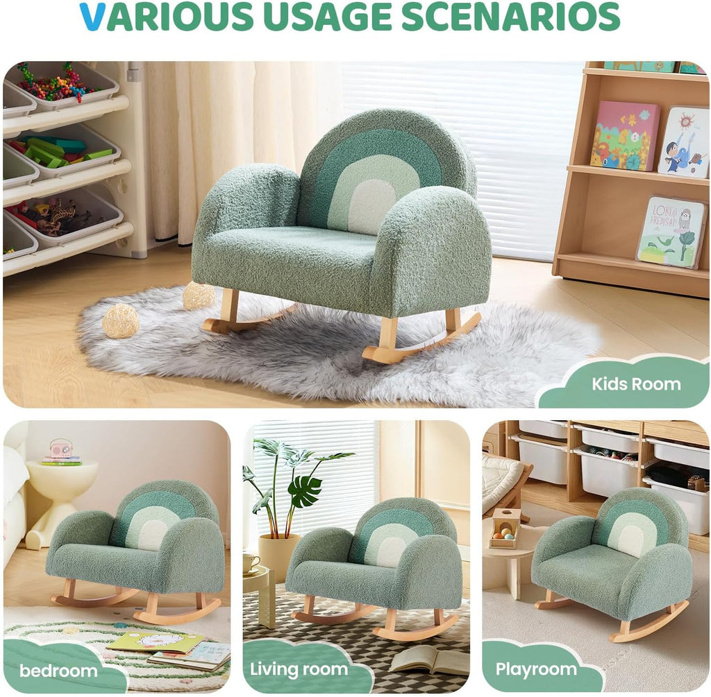JOYMOR Kids Chair, Teddy Fleece Toddler Rocking Chair with Solid Wood Legs, Anti-Tip Design, Kids Sofa for Nursery, Playroom, Green