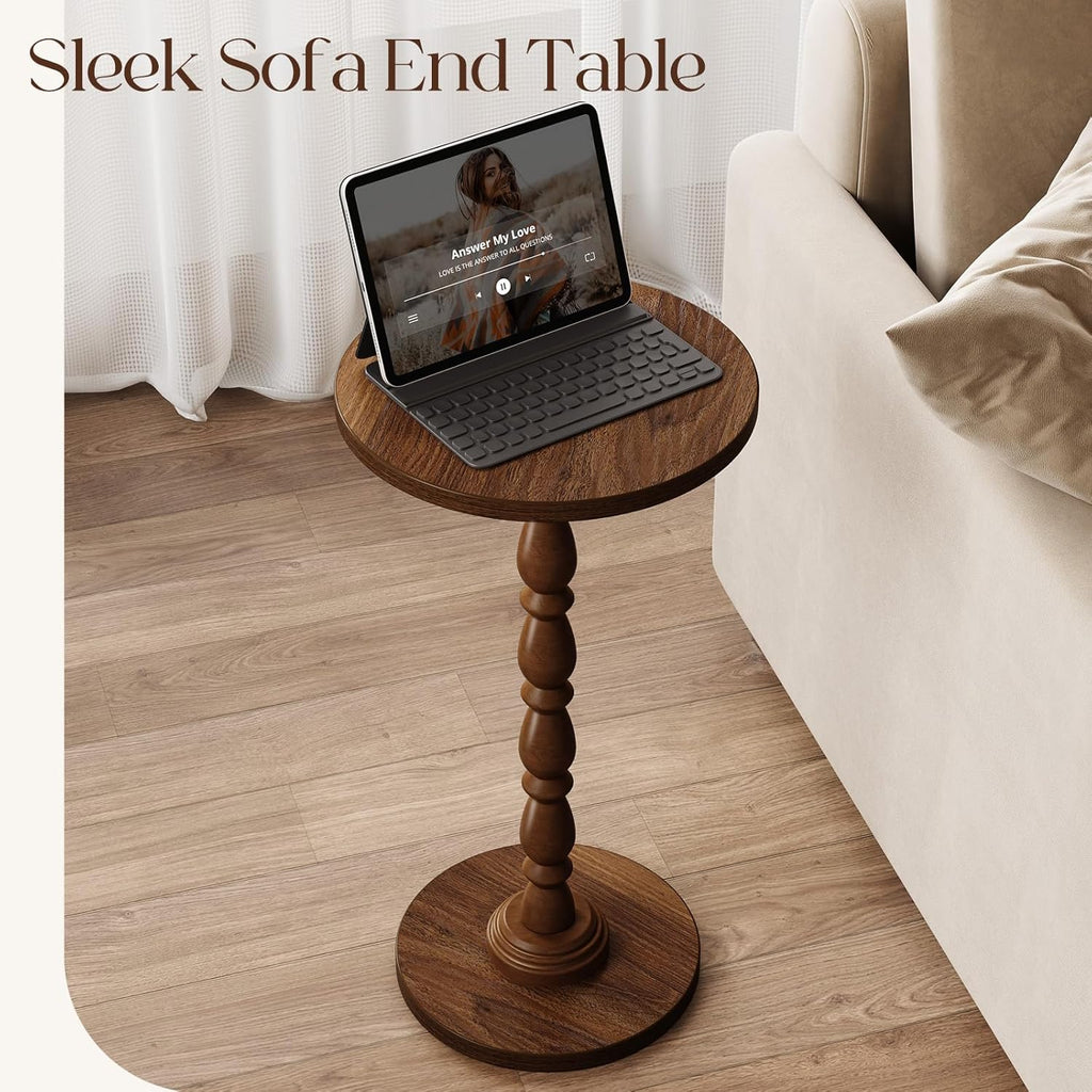 Small Round Side Table - End Tables for Living Room, Vintage Accent Drink Table for Small Spaces, Bedroom, Corner, Solid Wood Couch Side Tables with Wooden Pedestal, Modern Nightstand, Walnut