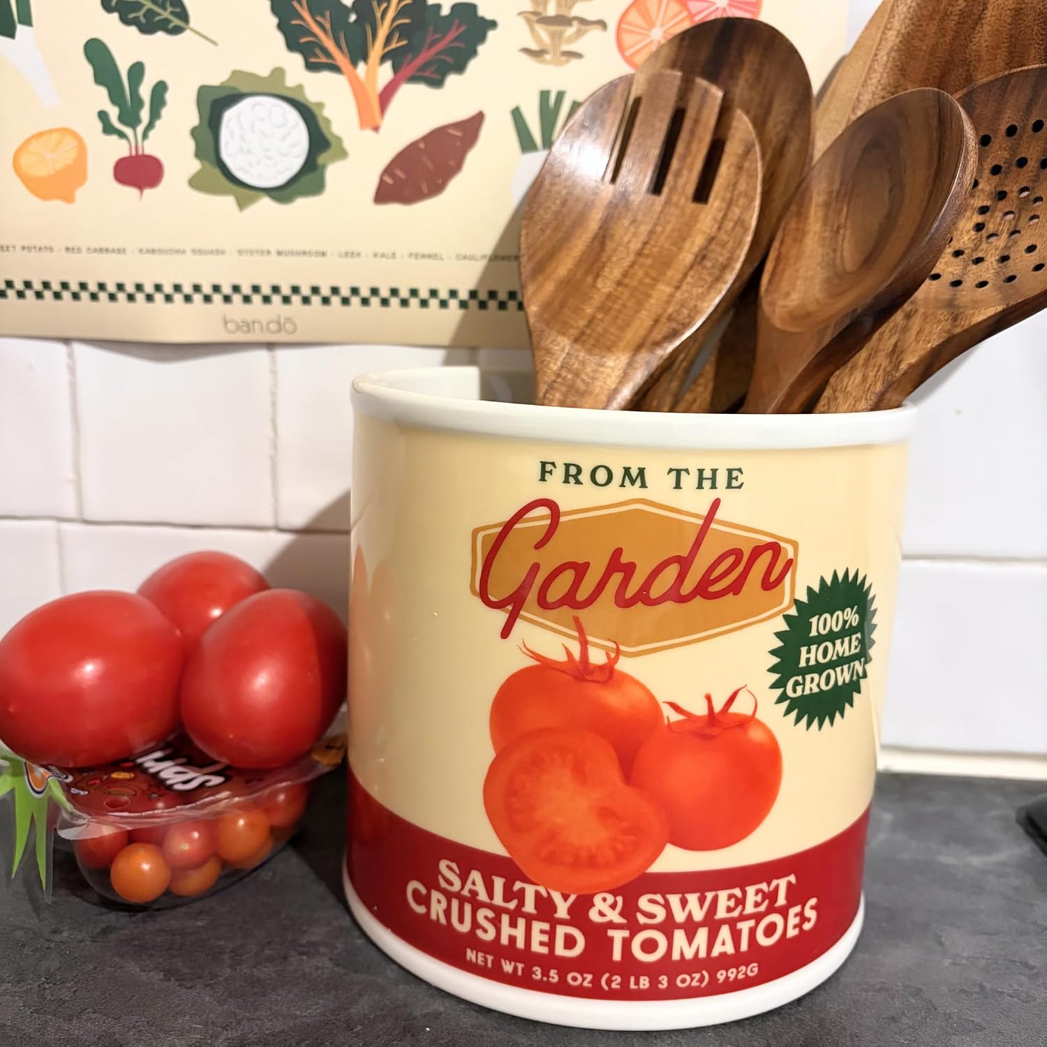 ban.do Vintage Inspired Ceramic Tomato Can Vase | Decorative Ceramic 5.7" x 6" Planter, Large Flower Vase and Utensil Holder, Unique Tomato Can Decor for Home and Kitchen