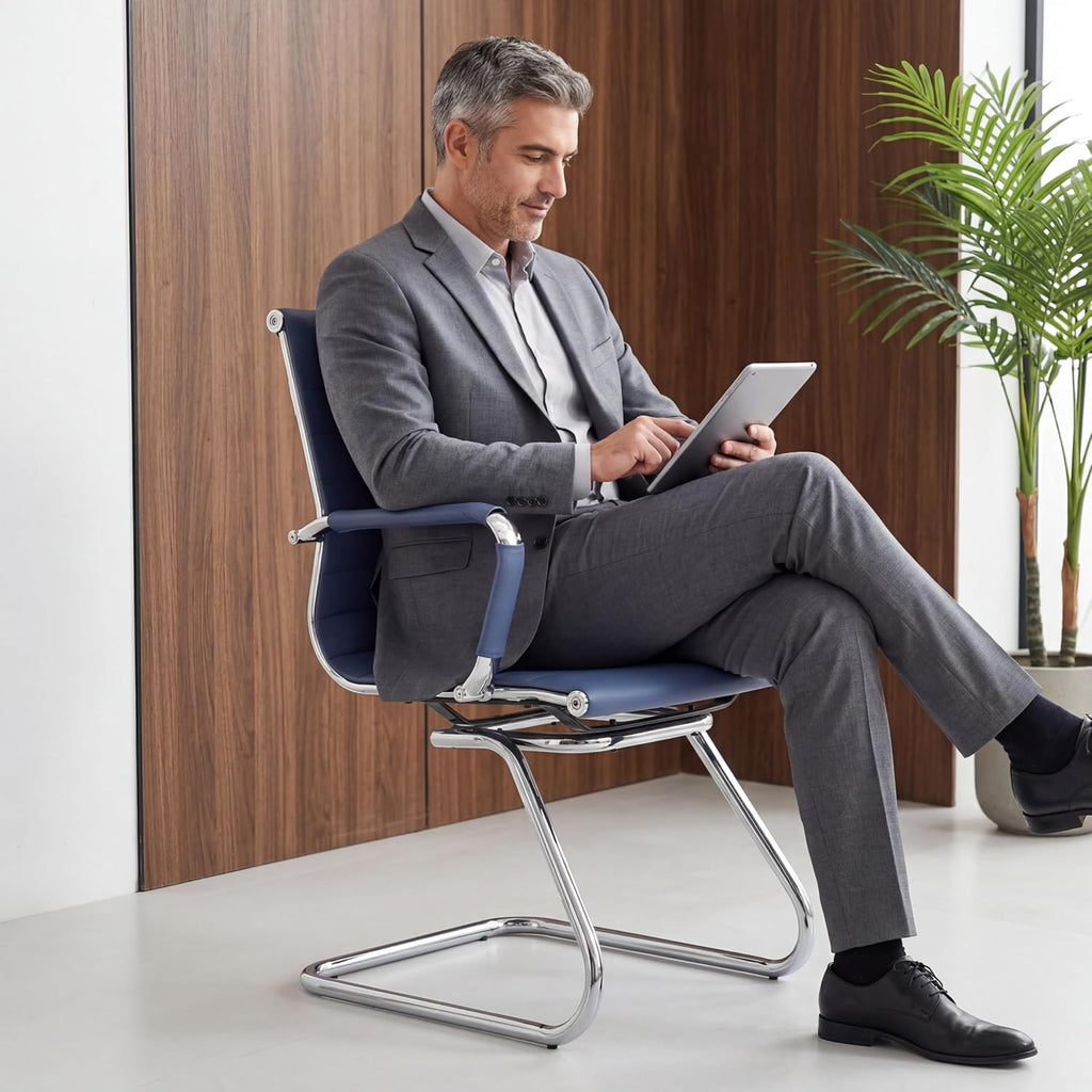 Reception Chairs Leather Conference Guest Chair Heavy Duty Back Support Office Chair, Set of 2 (Navy)