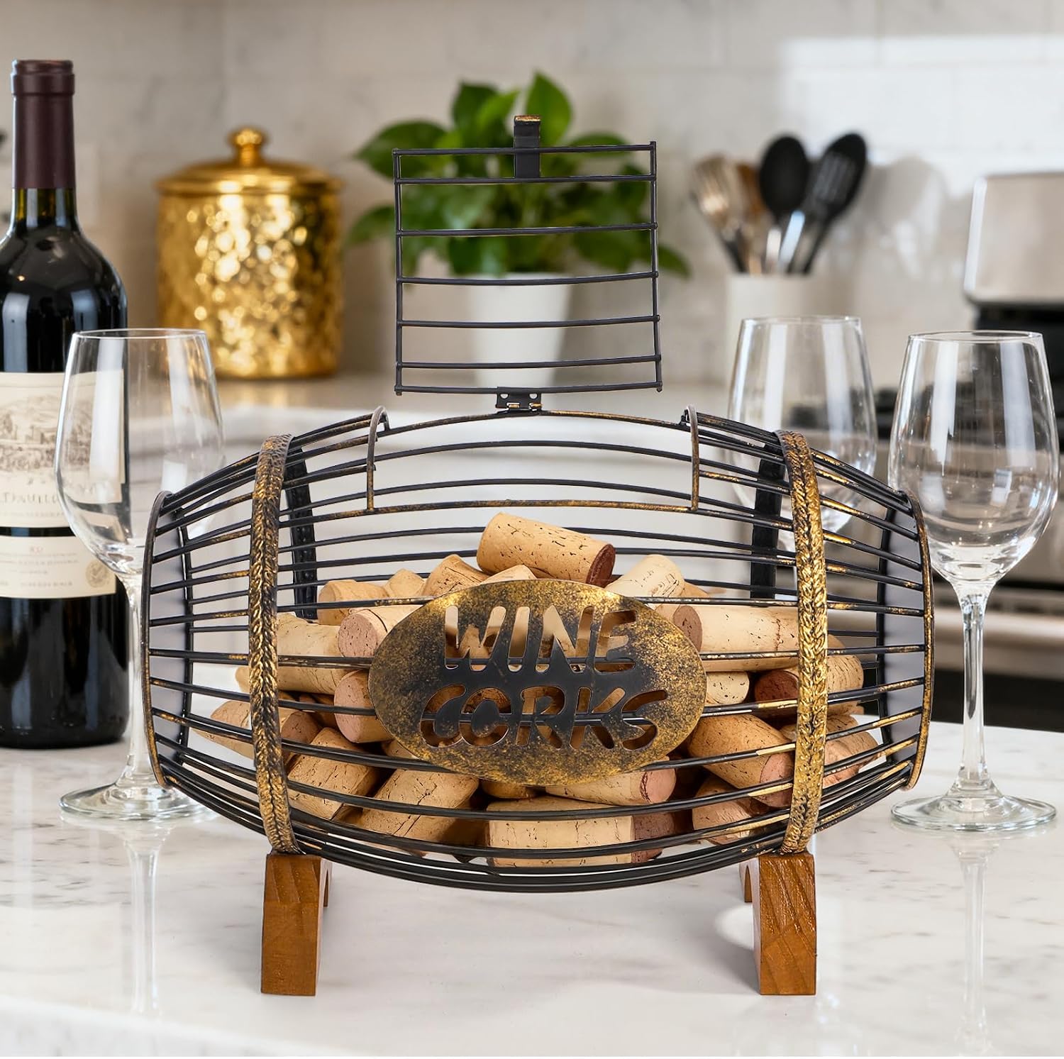 ZOOFOX Wine Cork Holder with Wood Stand, Rustic Metal Cork Container for Display and Storage, Decorative Vino Cork Barrel for Kitchen, Great Gift Idea for Wine Lover, No Assembly Required