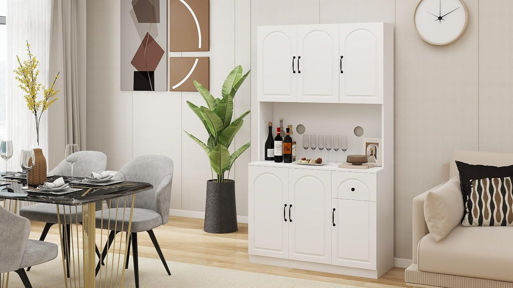 71" Tall Kitchen Pantry Storage Cabinet, Modern Kitchen Hutch Cabinet with Doors and Shelves, Freestanding Food Snacks Wine Buffet Counter for Dining Room, Living Room, White