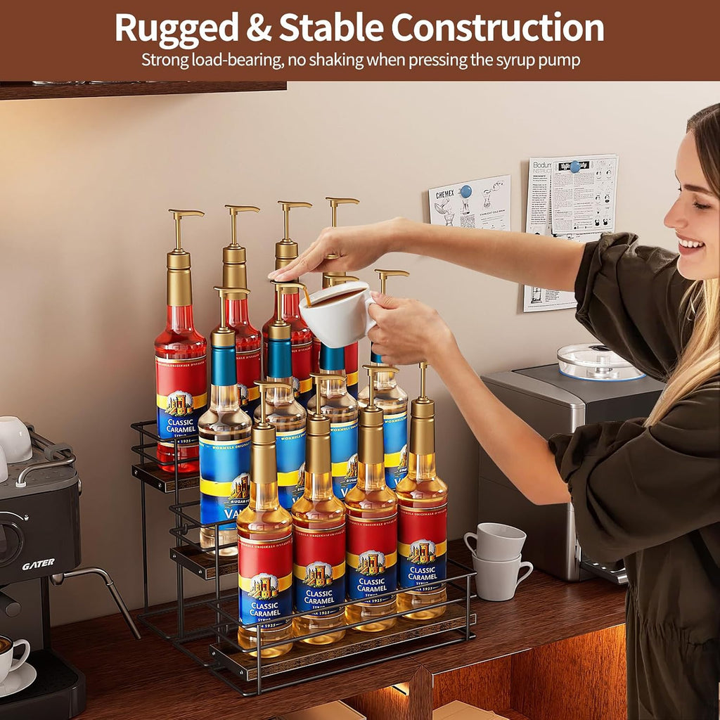 Nuovoware Coffee Syrup Organizer, 3-Tier 12 Bottles Bar Organizer, Separable Metal Rack with Wooden Base Whiskey Wine Dressing for Countertop Kitchen Coffee Bar, Black