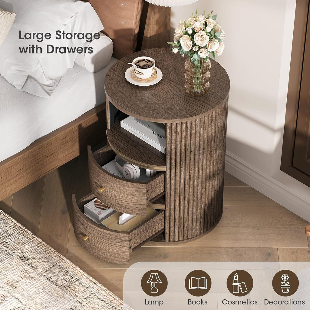 JOINICE Round End Tables Living Room, Fluted End Table with 2 Drawers and Open Shelf, 24" Tall Sofa Side Table with Storage, Nightstand for Bedroom, Living Room, Walnut