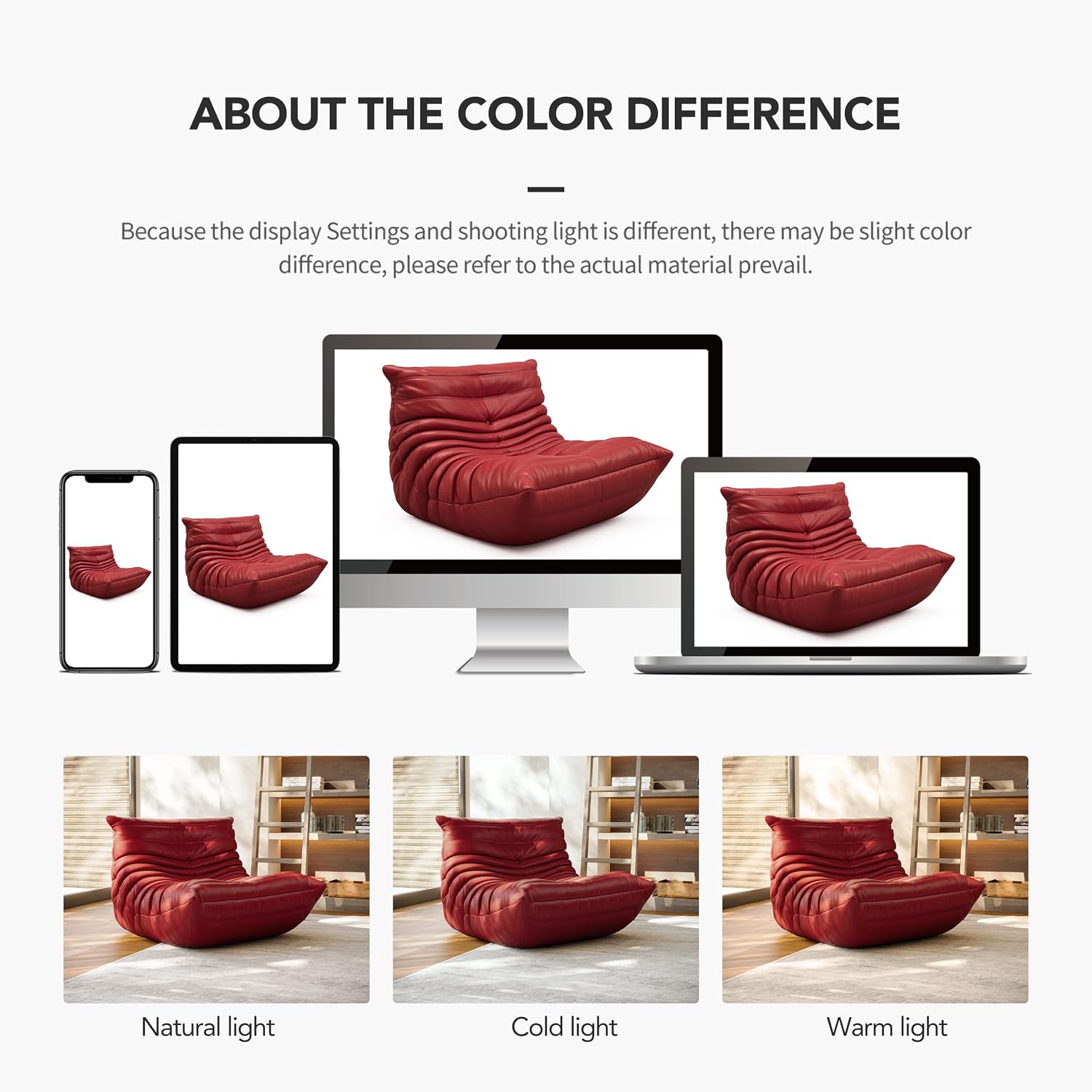 High-end Uncompressed Bean Bag Chair,Fireside Togo Chair with Red Faux Leather Cover, Comfy & Soft Lazy Floor Lounge Sofa for Bedroom, Living Room, Office or Lounger
