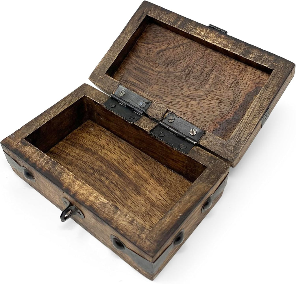 Nautical Cove Treasure Chest Wooden Box with Antique Iron Lock and Skeleton Key (X-Small 5 x 3 x 2) - Storage and Decor – Pirate Wooden Treasure Chest, Decorative Box with Hinged Lid,