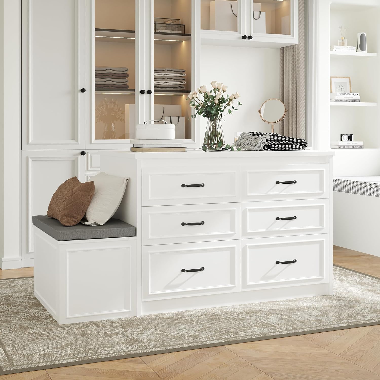 FUFU&GAGA Closet Island with 12 Drawers, Storage Bench with Cushion & Flip Door for Walk-in Closet, Shoe Bench Seating Island with Hidden Storage for Dressing Room, White, 61.9”W x 27.6”D x 32.6”H