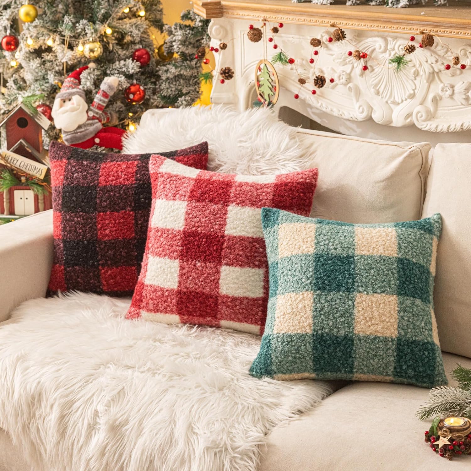 AQOTHES Red White Plaid Christmas Throw Pillow Covers 20x20 Inch Set of 2, Boucle Decorative Pillow Covers,Cozy Fluffy Home Living Room Farmhouse Decor for Sofa Couch Bed