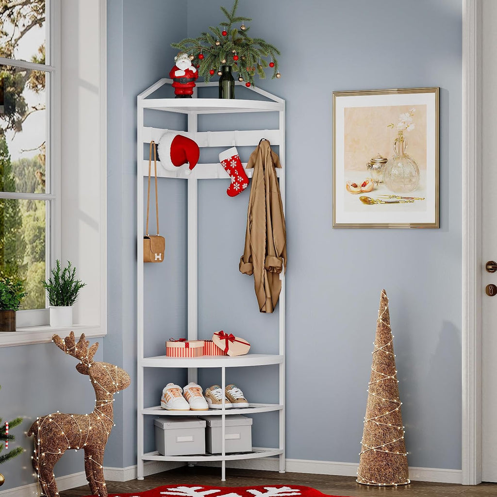 GiftGo Corner Hall Tree with Shoe Bench Entryway Coat Rack with 10 Metal Movable Hooks Freestanding Clothes Rack Shoes Shelf Organizer for Home Office Bedroom (White)