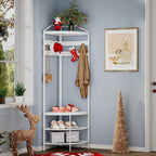 GiftGo Corner Hall Tree with Shoe Bench Entryway Coat Rack with 10 Metal Movable Hooks Freestanding Clothes Rack Shoes Shelf Organizer for Home Office Bedroom (White)