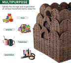 OIAHOMY Scalloped Wicker Baskets, Hand-woven Storage Baskets with Built-in Handles, Paper Rope Shelf Baskets for Organizing and Decoration, Set of 3-Brown