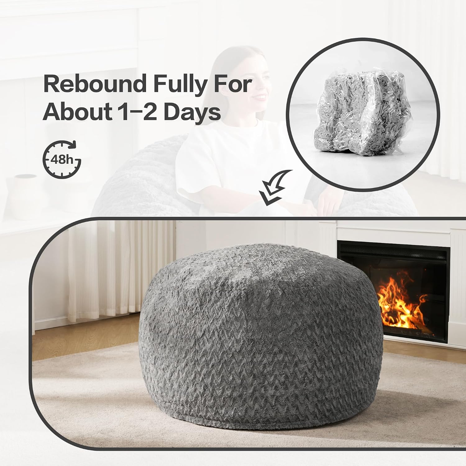 Hobestluk Bean Bag Chair Large Washable Soft Living Room Adult 3Ft Grey | No Assembly Required Memory Foam Filling Machine Washable Cover Bedroom Dorm Reading Gaming Fluffy Plush Faux Fur Fabric