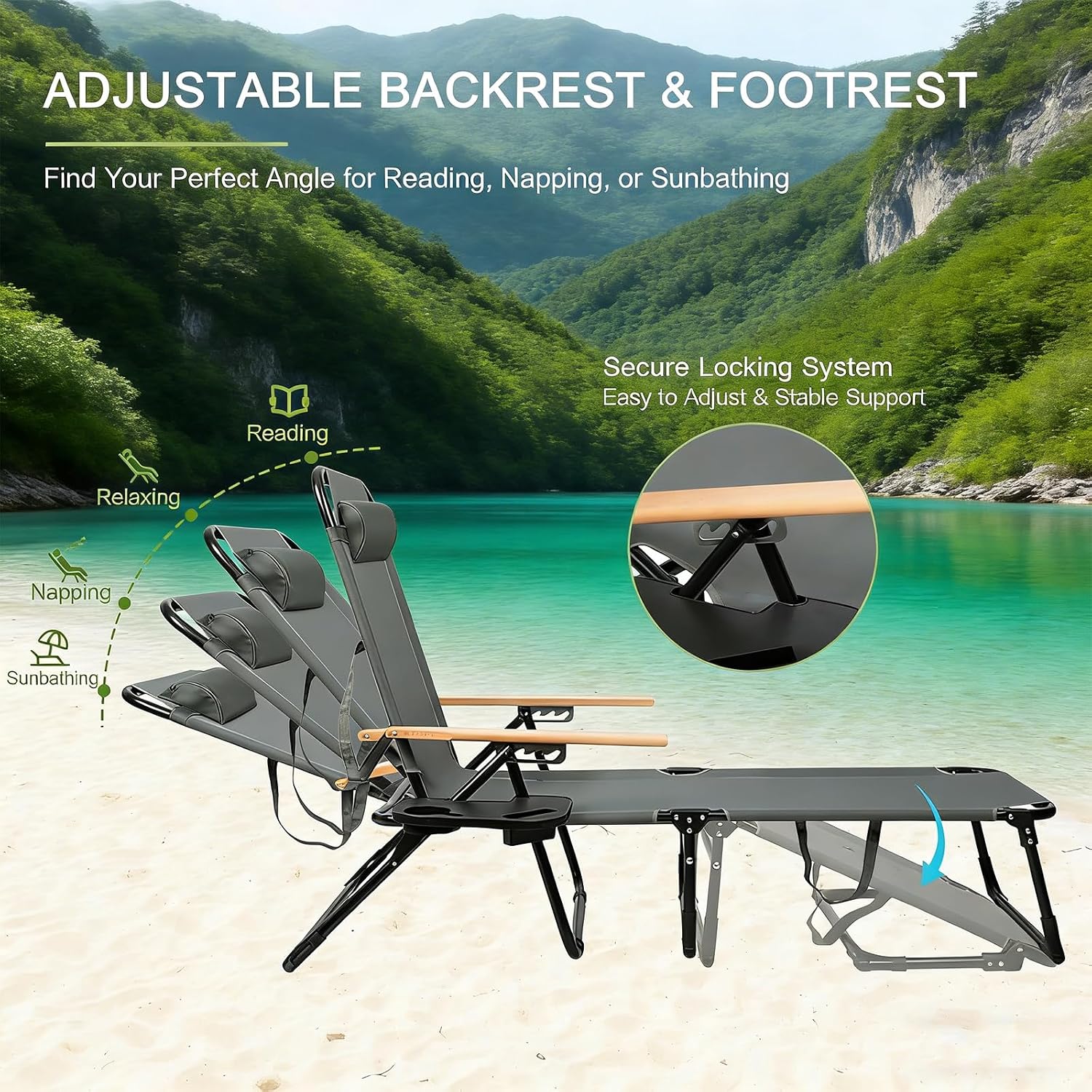 Folding Lounge Chairs for Outside, Patio Sun Tanning Chair with Sun Shade, 4 Position Beach Lounge Chair with Cup Holders & Wooden Armrests for Beach and Pool, Oxford Fabric, Beige