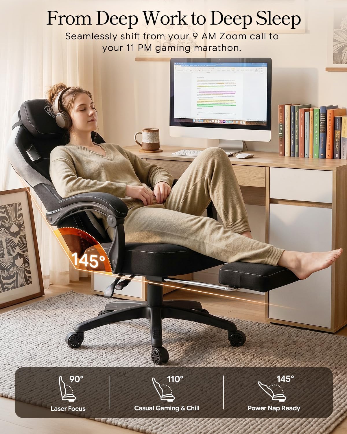 Dowinx Big and Tall Gaming Chair with Footrest, Black | Breathable woven fabric with lumbar support and extra-wide seat back; big-and-tall frame fits larger, heavier users.