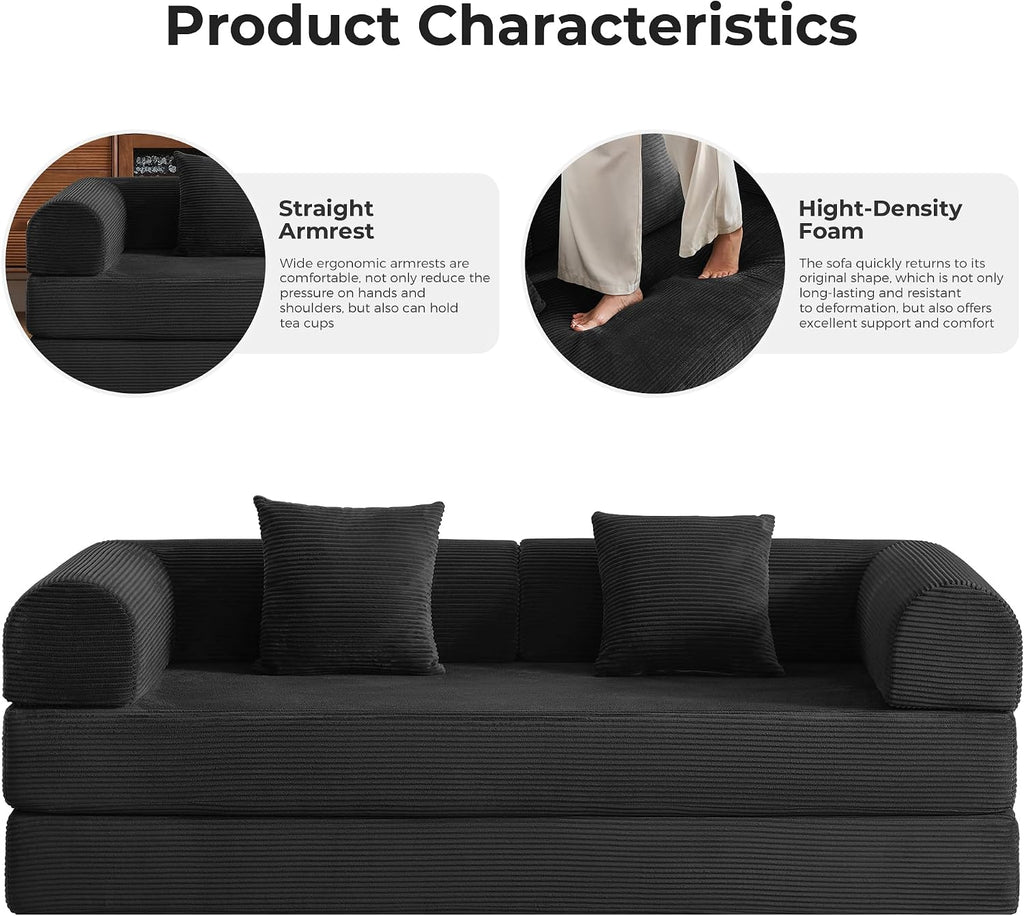 79" 5-in-1 Convertible Sofa Bed No Assembly, Boneless Couch Bed with High Density Foam, Foldable Sleeper Sofa, Corduroy Modular Couch for Apartment, Studio, Dorm Room, Small Space, Black