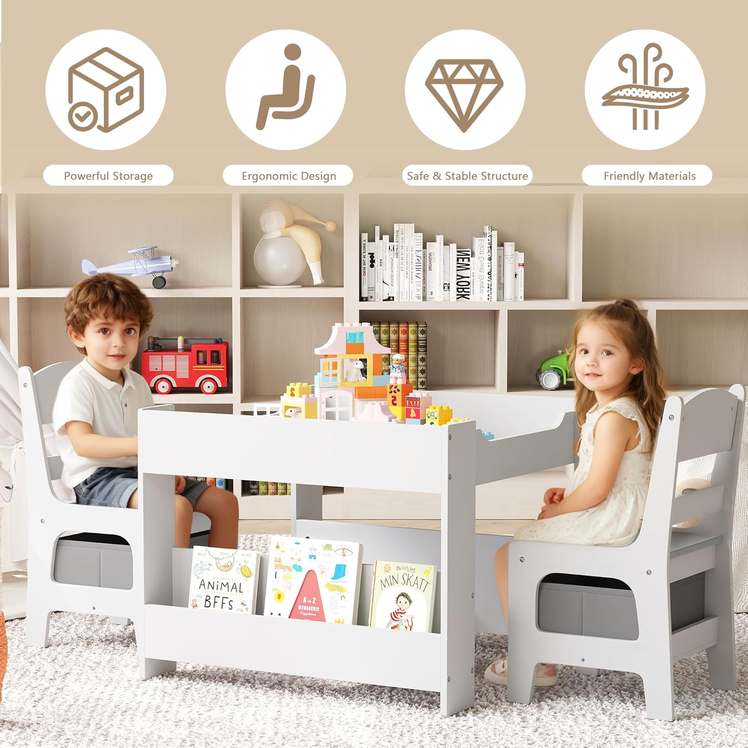 Kinder King Kids Wood Table & 2 Chairs Set, 4 in 1 Children Activity Table w/Double Bookcase, Blackboard, Toddler Furniture Set for Art, Crafts, Drawing, Reading, Playroom, Grey