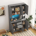 74 Inch Freestanding Kitchen Pantry Cabinet, Wooden Cutlery Storage Cabinet with Charging Station, LED Light for Kitchen, Dining Room and Living Room (Gray)