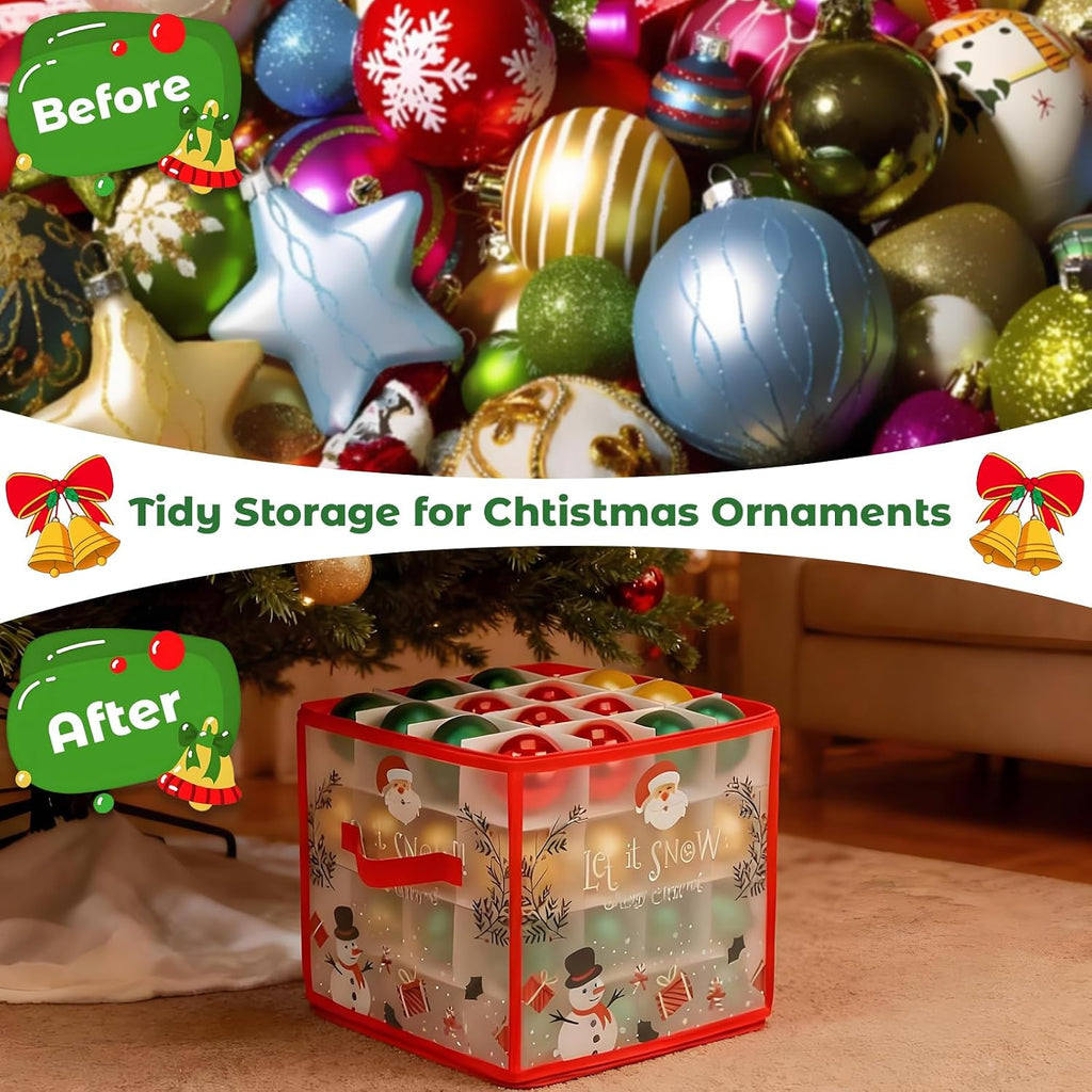 Christmas Ornament Storage Box, Christmas Ball Container with Dividers for 64 Balls, Space-Saving Holiday Decor Organizer Xmas Ornaments Box (Red)