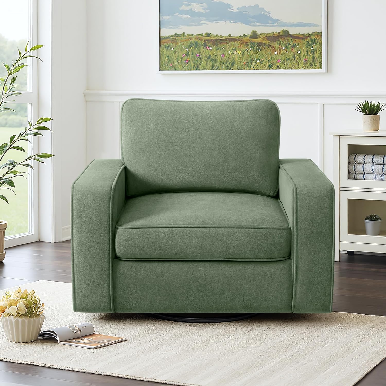 36.2" Wide Swivel Accent Chair - 360° Rotation Upholstered Modern Design Comfortable Cushioned Seating, Pillowback Glider Rocking Chair for Living Room, Bedroom, Nursery and Reading Nook, Olive Green