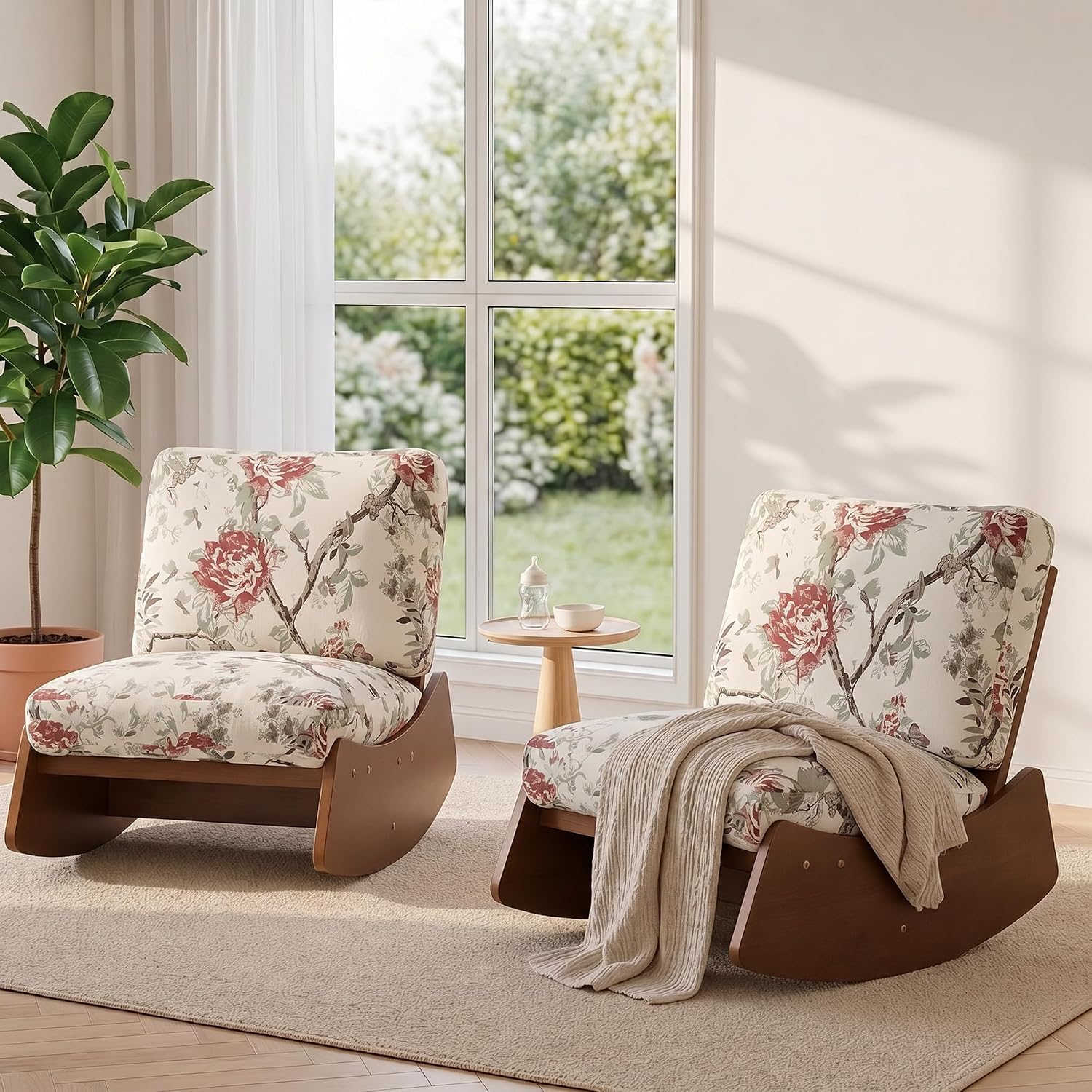 Mid-Century Modern Chenille Rocking Chair, Pattern White | Soft chenille upholstery | Sturdy solid wood base | Set of 1 | For nursery, living room, & bedroom