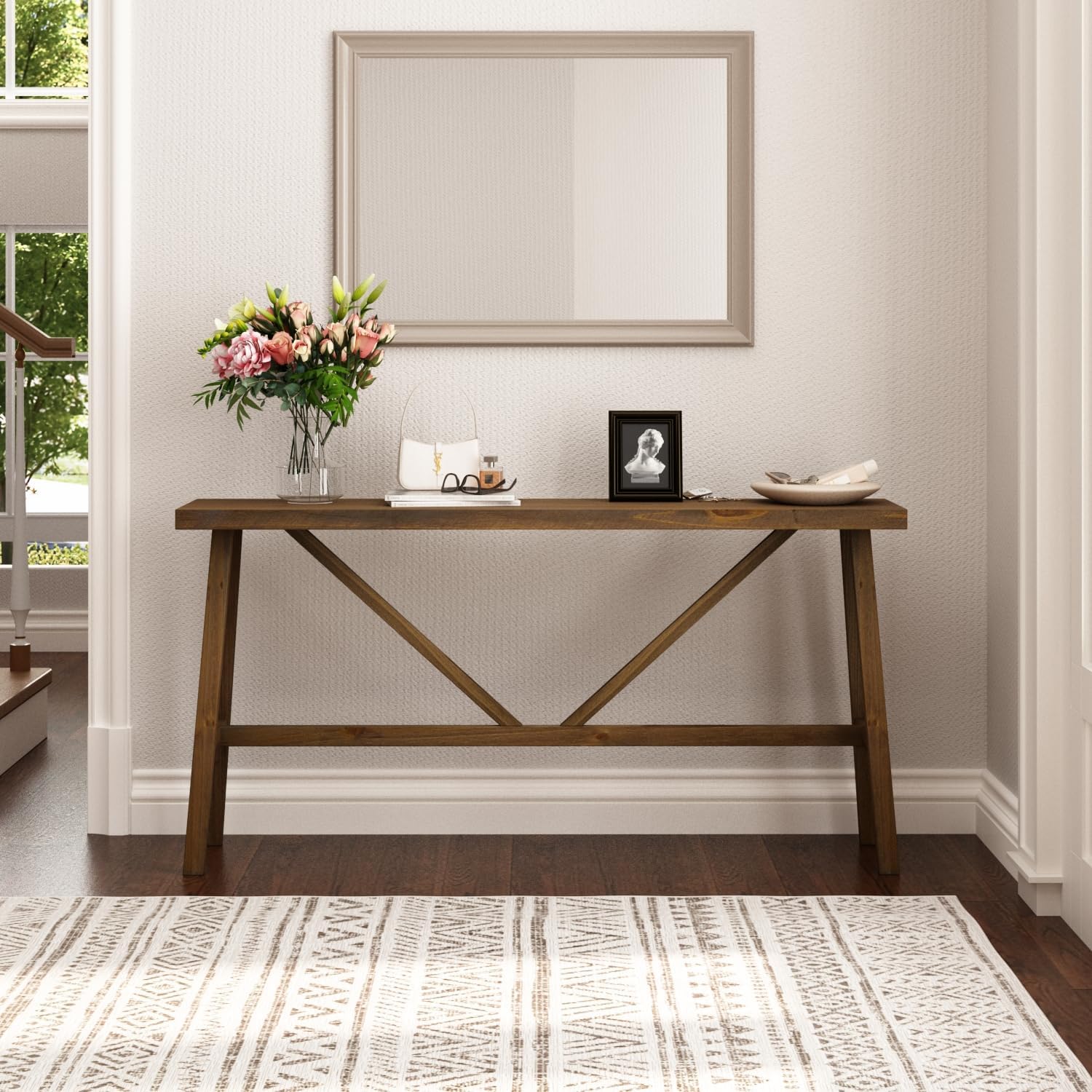 Wnutrees 63" Farmhouse Solid Wood Console Tables, Rustic Hallway Table, Solid Firwood Sofa Table for Entryway, Living Room, Easy Assembly, Natural