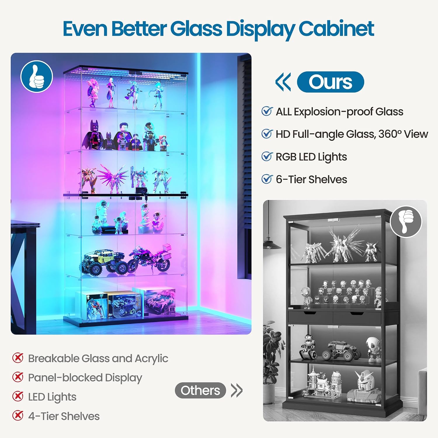 Dystler Display Cabinet with Glass Doors, 70" Tall Clear Curio Cabinet with RGB LED Lights for Collectibles, Figures, Lighted 6-Tier Glass Display Case for Living Room, Black