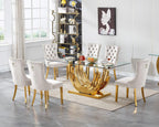 70 inch Tempered Glass Dining Table, Rectangular Glass Kitchen Table with Gold Stainless Steel C Shape Base, 4 to 6 Seater, Modern Dining Room Table for Daily Meals, Dinner Party, Family Gathering
