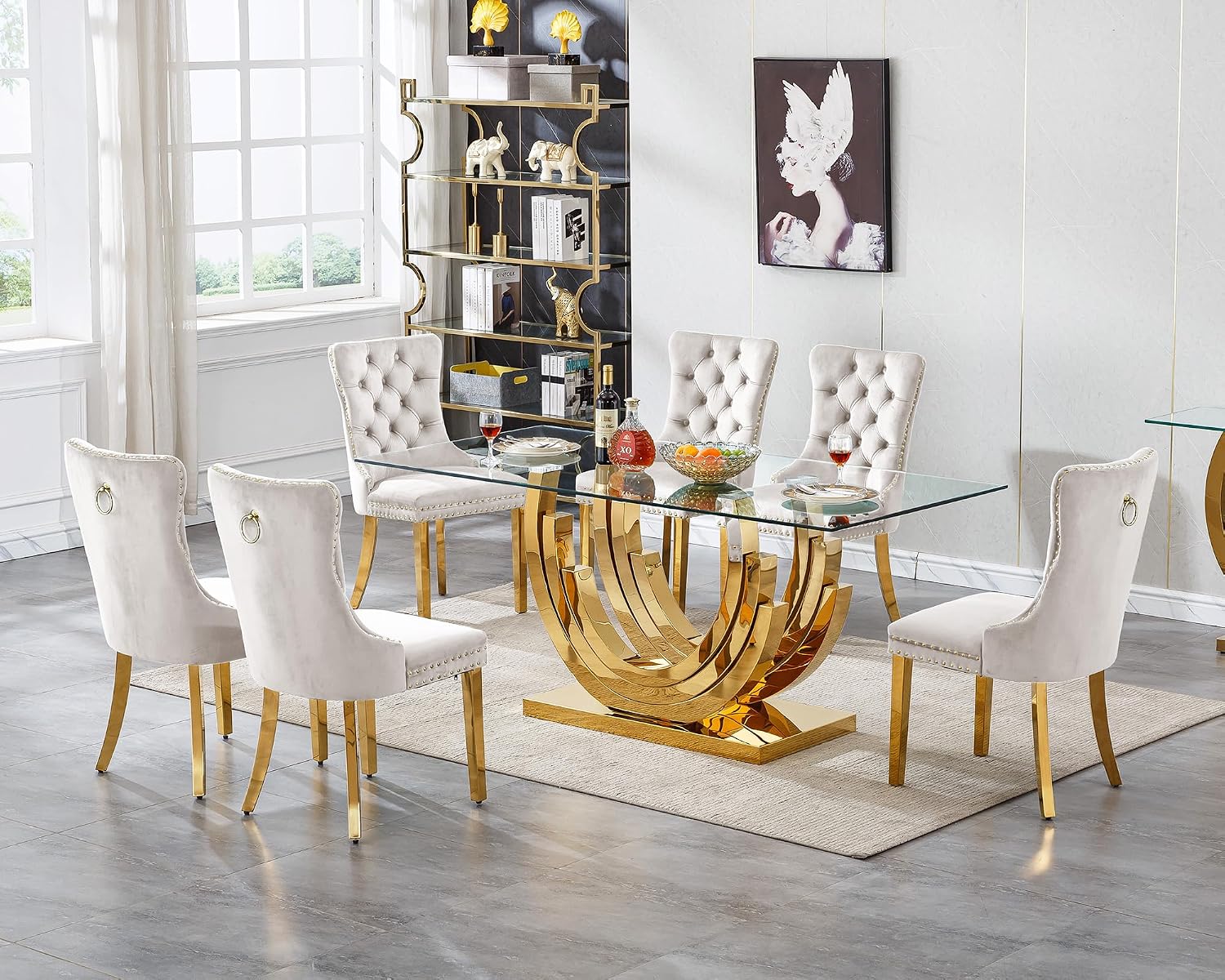 70 inch Tempered Glass Dining Table, Rectangular Glass Kitchen Table with Gold Stainless Steel C Shape Base, 4 to 6 Seater, Modern Dining Room Table for Daily Meals, Dinner Party, Family Gathering
