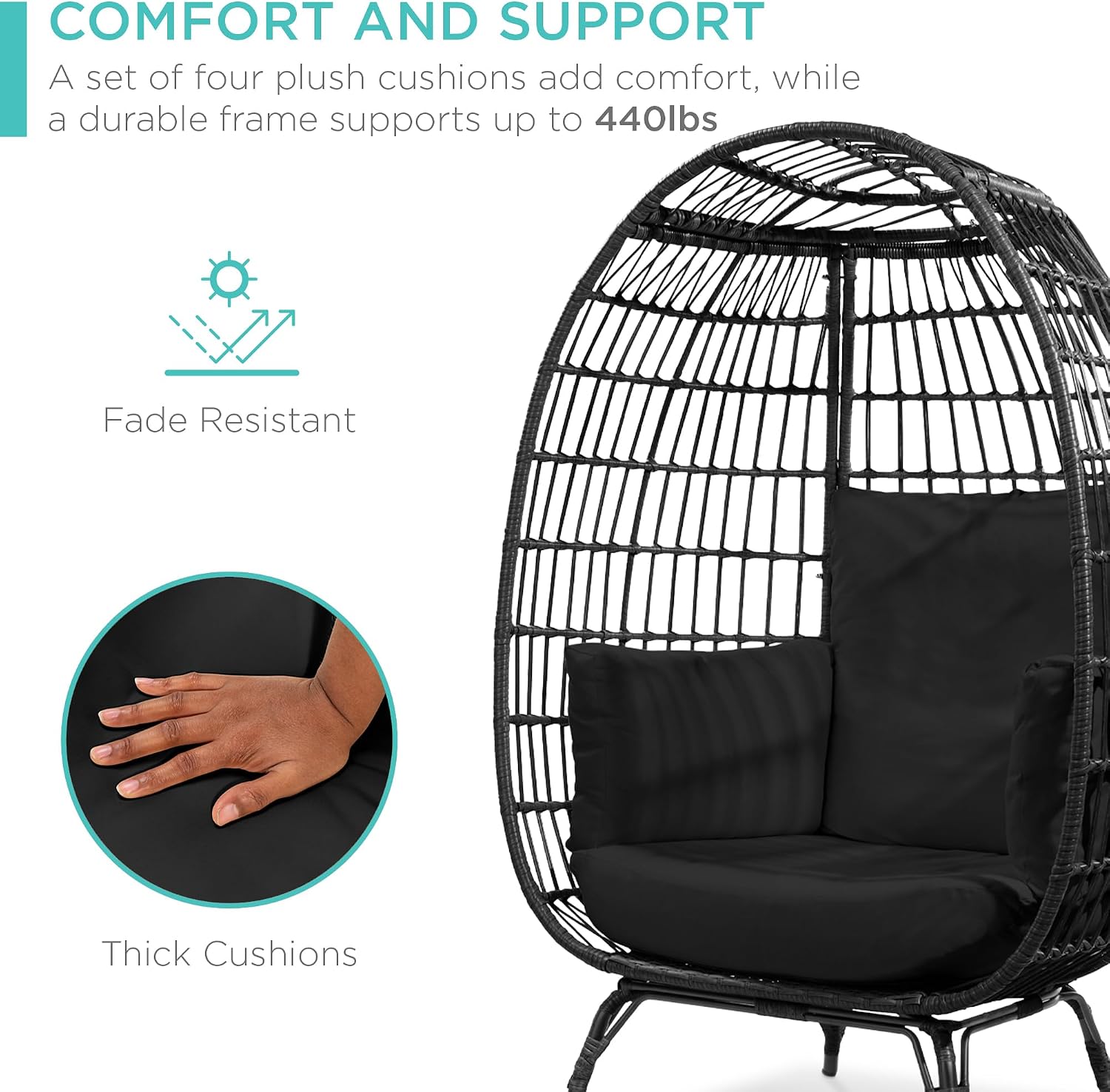 Best Choice Products Wicker Egg Chair, Oversized Indoor Outdoor Lounger for Patio, Backyard, Living Room w/ 4 Cushions, Steel Frame, 440lb Capacity - Black/Black
