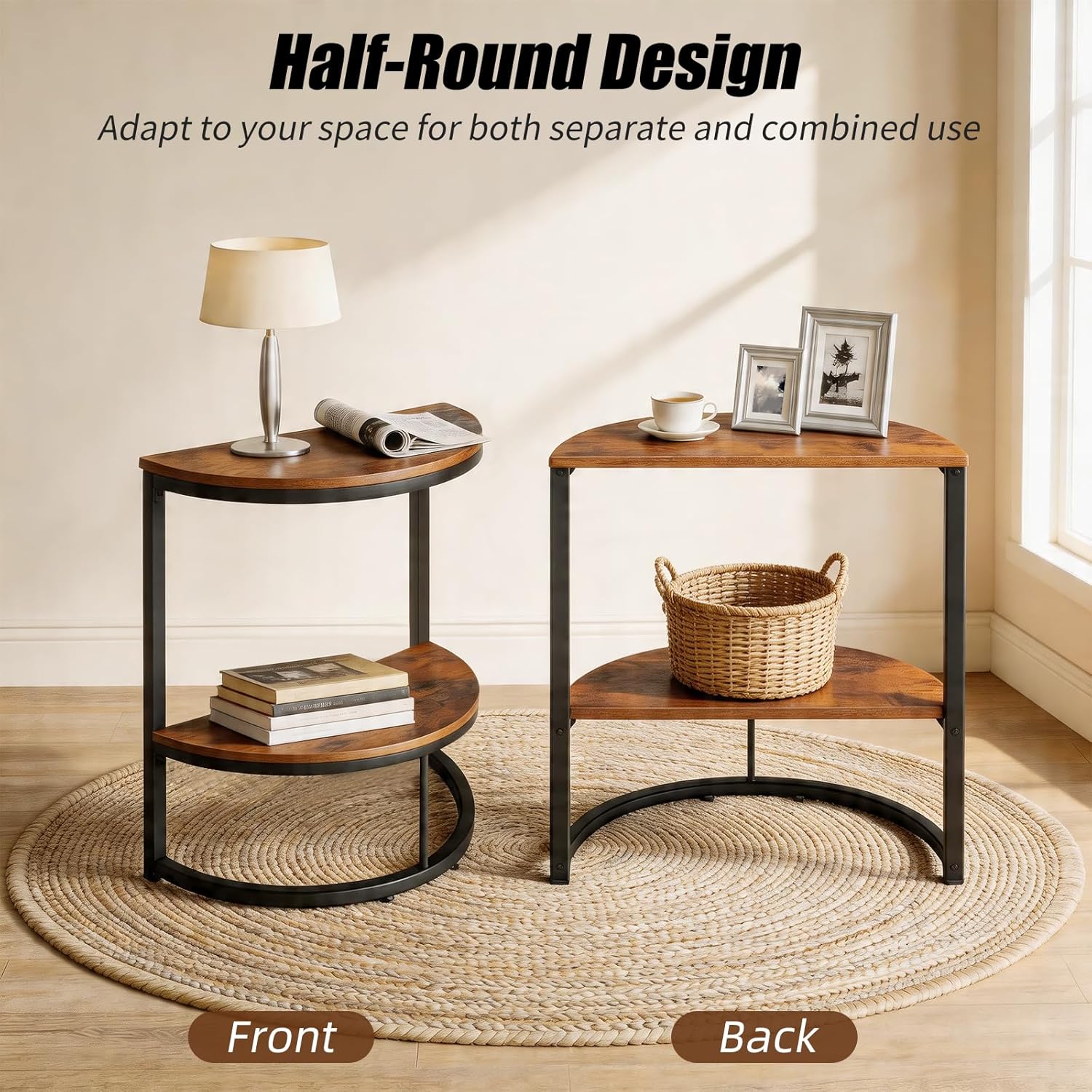 TooCust Half Round End Table for Living Room, 9.8" D x 19.7" W x 24" H, 2-Tier Small Half Circle Table with Storage Shelf, Half Moon Table with Metal Frame, Round Coffee Table for Couch, Bedroom