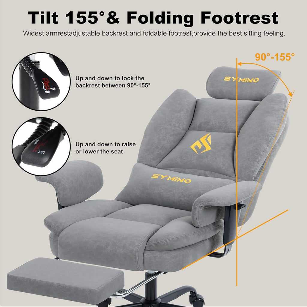 Symino Gaming Chair with Footrest, Up/Down Armrests, Suede Fabric Ergonomic Office Chair, 150° Recline Computer Chair for Desk, Grey