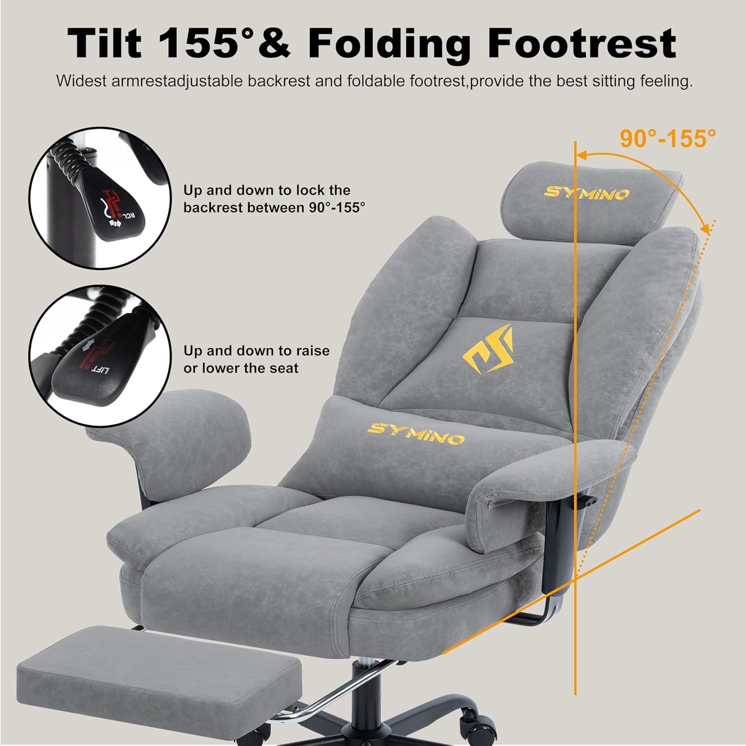 Symino Gaming Chair with Footrest, Up/Down Armrests, Suede Fabric Ergonomic Office Chair, 150° Recline Computer Chair for Desk, Grey