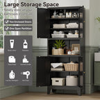 Bevivog Tall Pantry Cabinet with Microwave Shelf, 69" Metal Storage Cabinet with 4 Doors and Adjustable Shelves,Freestanding Metal Kitchen Hutch Cabinet, Black Pantry Closet Storage Shelves with Doors
