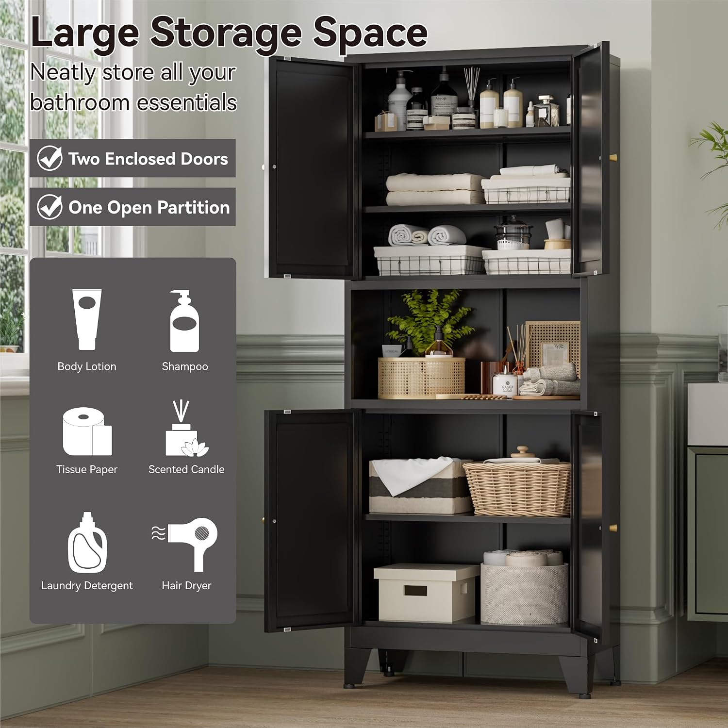 Bevivog Tall Pantry Cabinet with Microwave Shelf, 69" Metal Storage Cabinet with 4 Doors and Adjustable Shelves,Freestanding Metal Kitchen Hutch Cabinet, Black Pantry Closet Storage Shelves with Doors