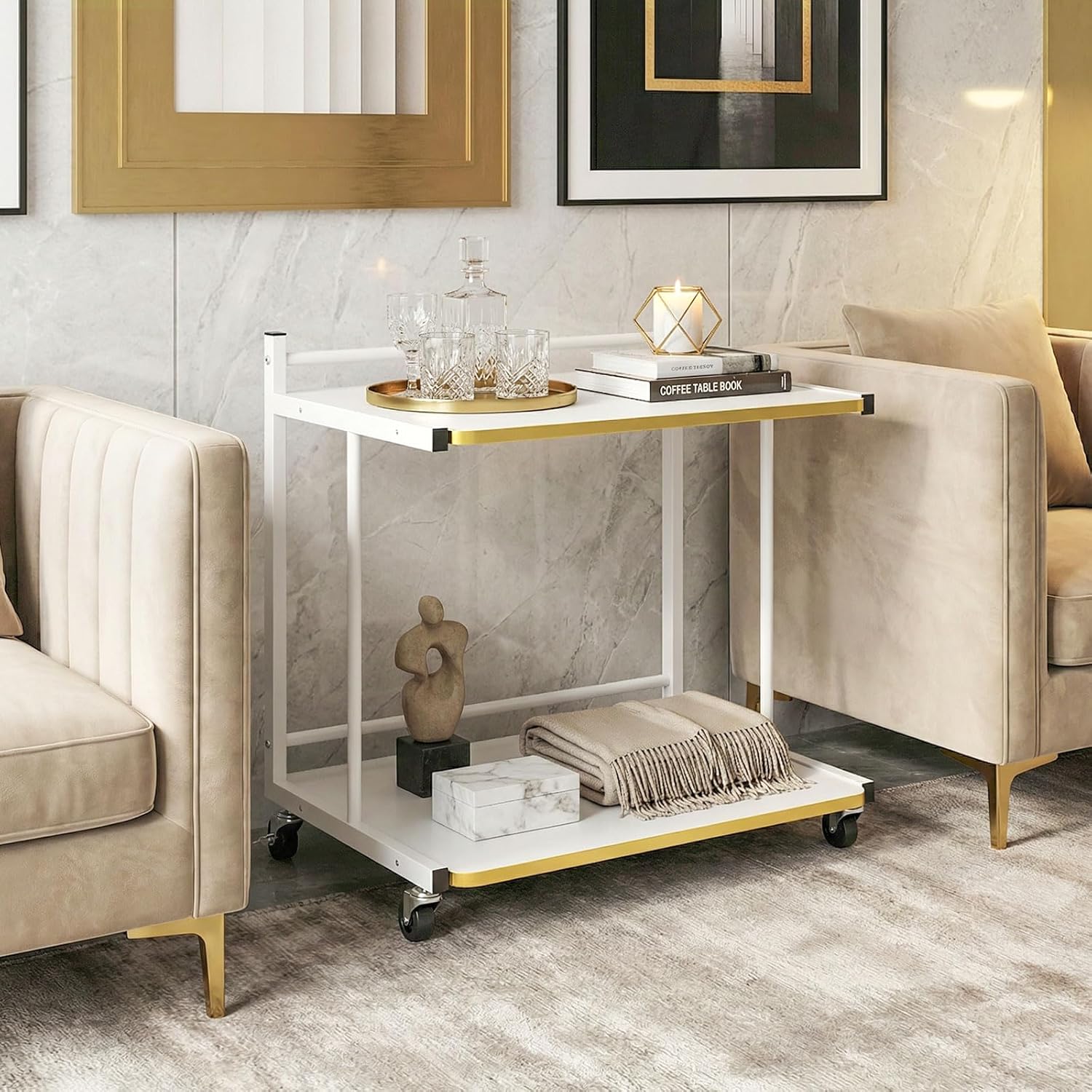 Giantex Mobile C-Shaped End Table - 2-Tier Sofa Couch Bed Side Table w/Open Storage Shelves & Golden Edge Banding for Living Room Bedroom Office, Modern Rolling Desk on Wheels for Laptop Coffee (1)