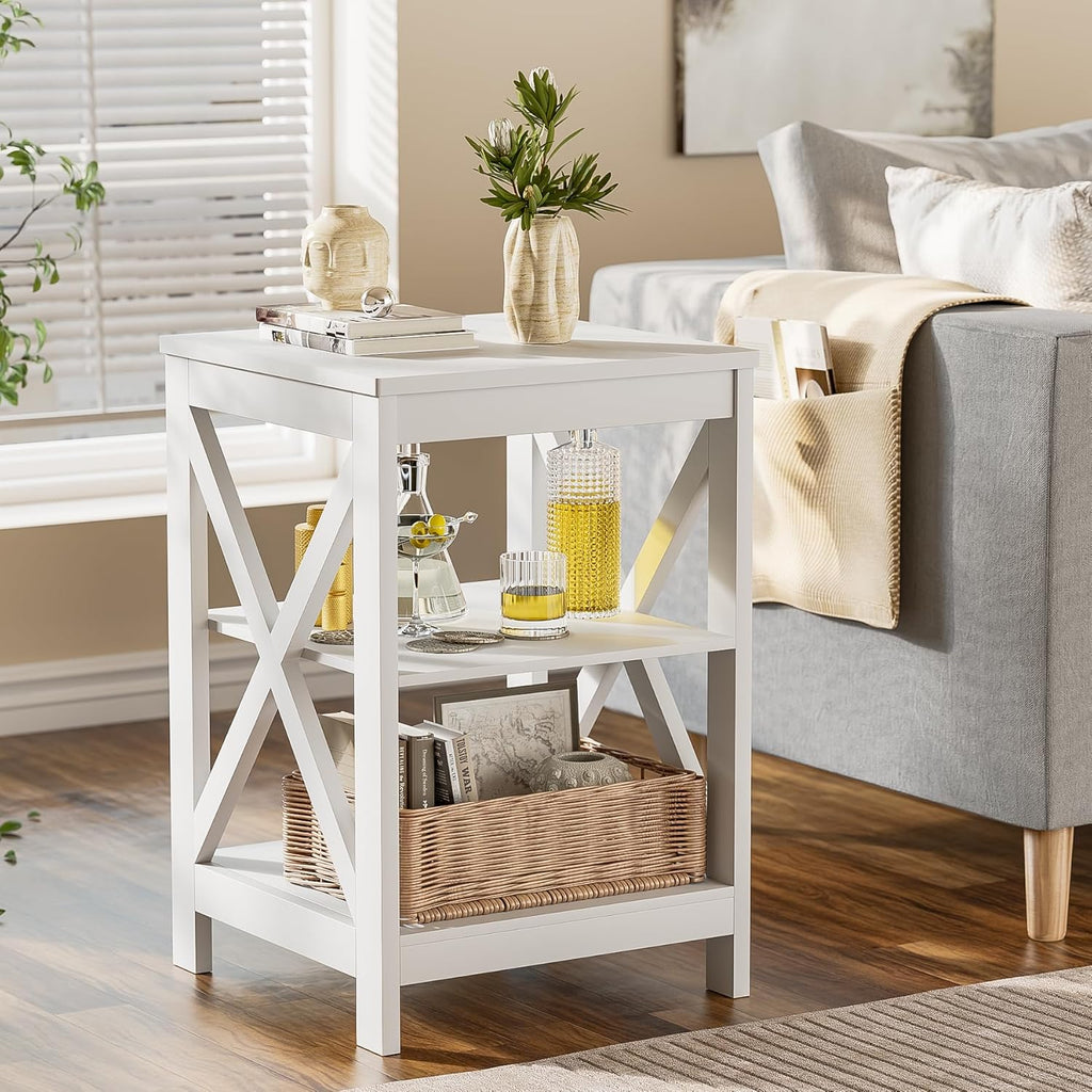 SEJOV Side Table for Living Room, White End Table with 3-Tier Storage Shelves X-Design Night Stand for Small Spaces Farmhouse Wooden Nightstand for Bedroom Bed Side Office